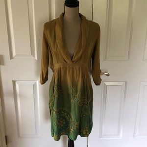 Green and Gold Johnny Was Dress 100% silk